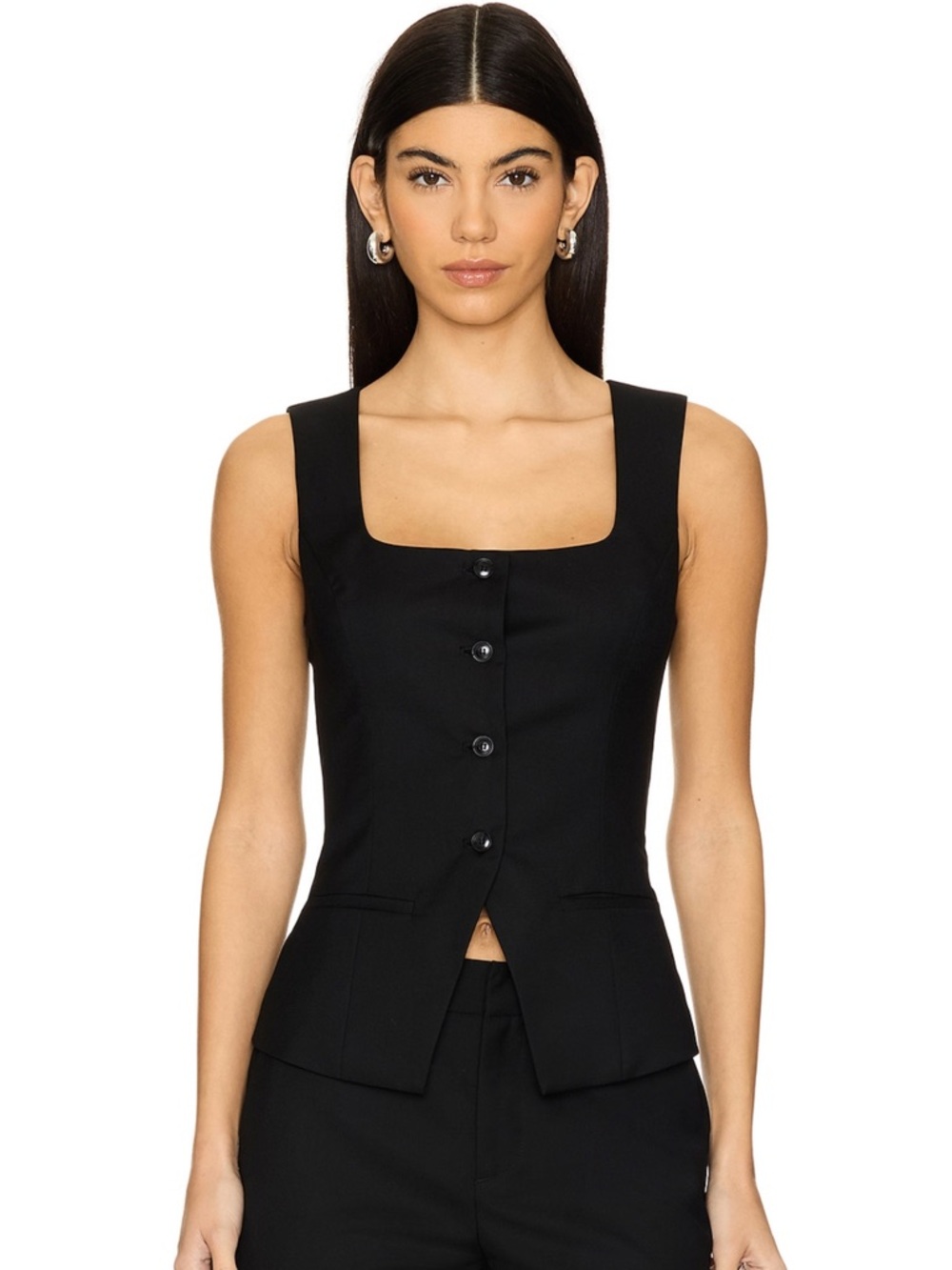 Black Square-Neck Button Front Women's Top